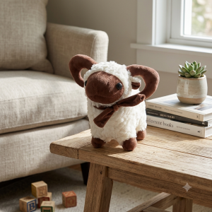 A fluffy plush ram toy with brown horns sits on a rustic wooden coffee table.