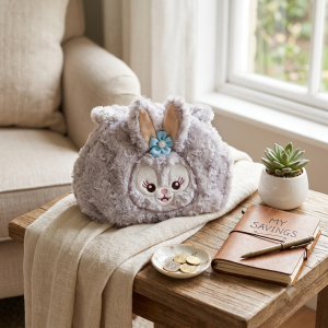 "Fluffy gray plush bunny purse on a rustic side table next to a small dish of coins, a savings journal, and a potted succulent."