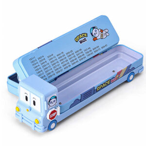 Bus Shape Metal Pencil Box With Wheels and Sharpener - Blue