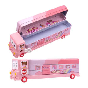 Bus Shape Metal Pencil Box With Wheels and Sharpener - Pink