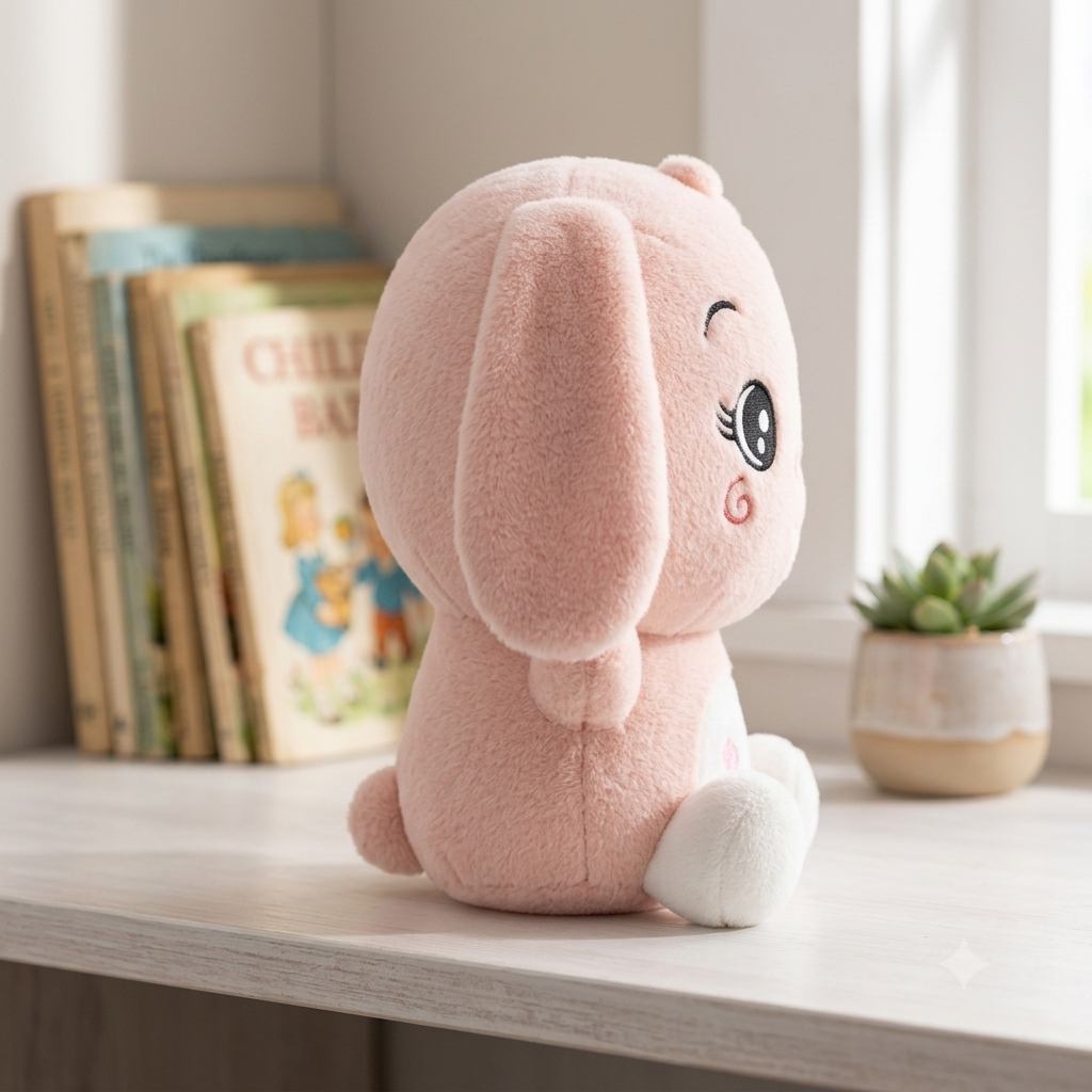 Child gently petting a 45cm pink bunny plush on a knit blanket with toys in a nursery.