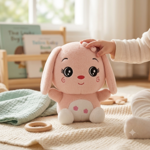 45cm pink plush bunny (side view) sitting by a window, potted succulent, and vintage children's books.