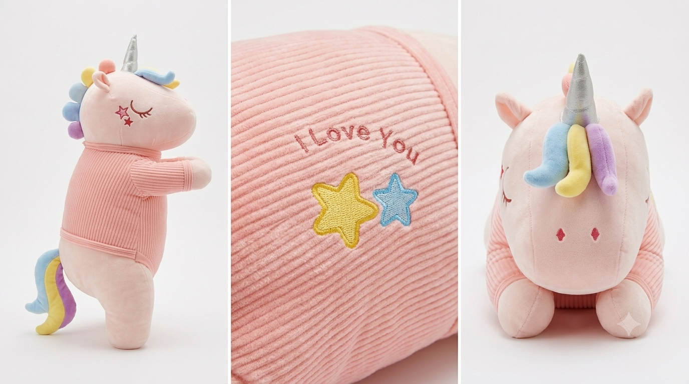 Front view of 60cm plush sleeping unicorn with silver horn.