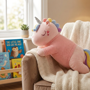 Large 60cm pink plush sleeping unicorn wearing a ribbed corduroy onesie resting on a cozy cream knit blanket in a brightly lit nursery armchair.